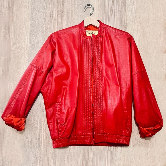 Vintage Red Leather Bomber Jacket - Picture 2 of 5